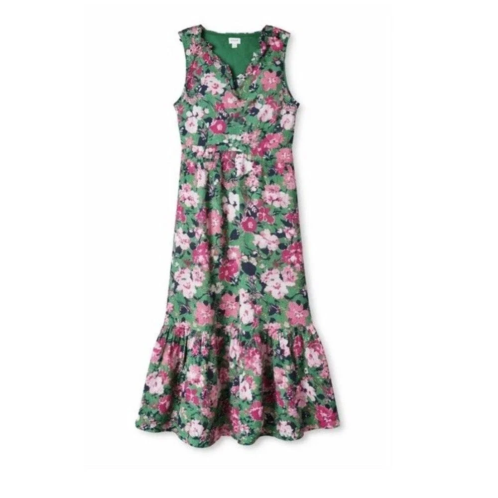 J. Crew Ruffle V-Neck Midi Dress Green Pink Size 2 Floral 100% Cotton Lined - Picture 2 of 9